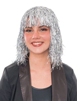Kostümzubehör Perücke Lametta mit Pony silber
