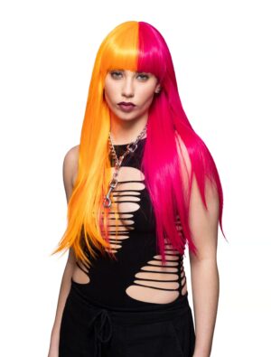 Kostümzubehör Perücke Langhaar glatt mit Pony pink/orange