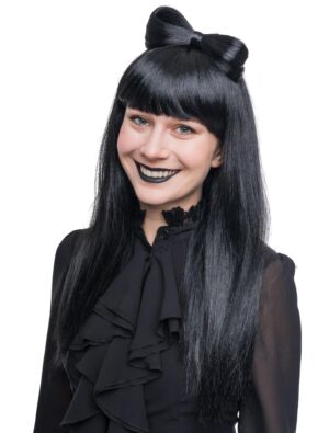 Kostümzubehör Perücke Langhaar mit Pony und Schleife schwarz