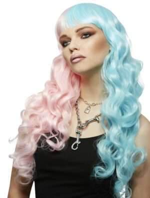 Kostümzubehör Perücke Langhaar wellig mit Pony türkis/pink