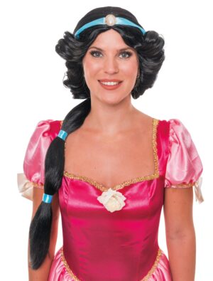 Kostümzubehör Perücke Zopf mit Haarband und Brosche schwarz
