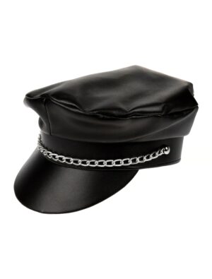 Kostümzubehör Rockermütze Lederoptik mit Kette schwarz