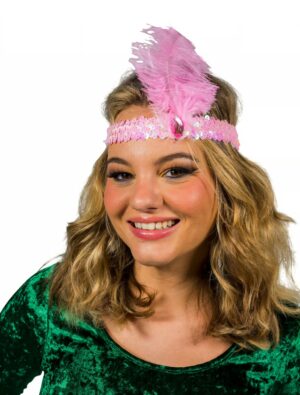 Kostümzubehör Stirnband Pailletten mit Feder rosa