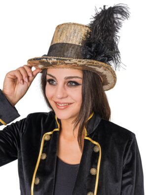Kostümzubehör Zylinder Pailletten gold mit Feder deluxe