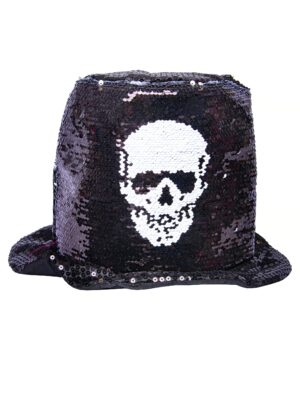 Kostümzubehör Zylinder Pailletten schwarz mit weißem Totenkopf