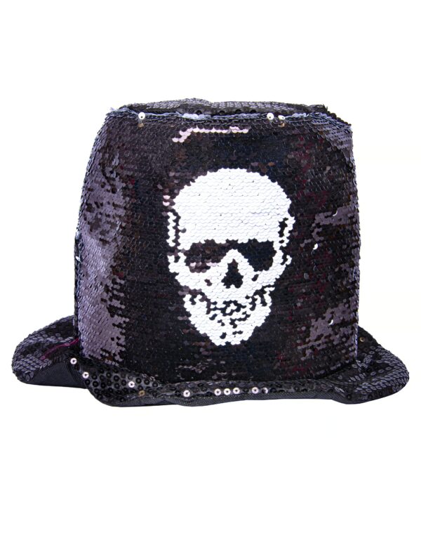 Kostümzubehör Zylinder Pailletten schwarz mit weißem Totenkopf