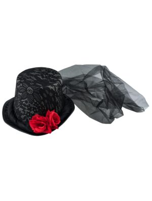Kostümzubehör Zylinder Schleier und Rosen Damen schwarz 60