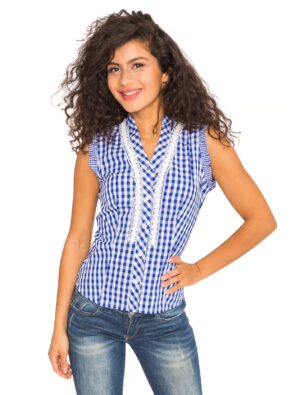 Trachtenbluse ärmellos Damen blau/weiß 2XL