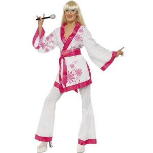 70er Kimono Damenkostüm weiß-pink-L