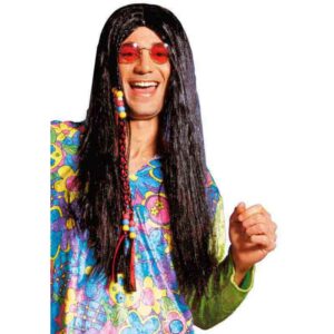 Klassische Hippie Perücke mit bunten Verzierungen-schwarz